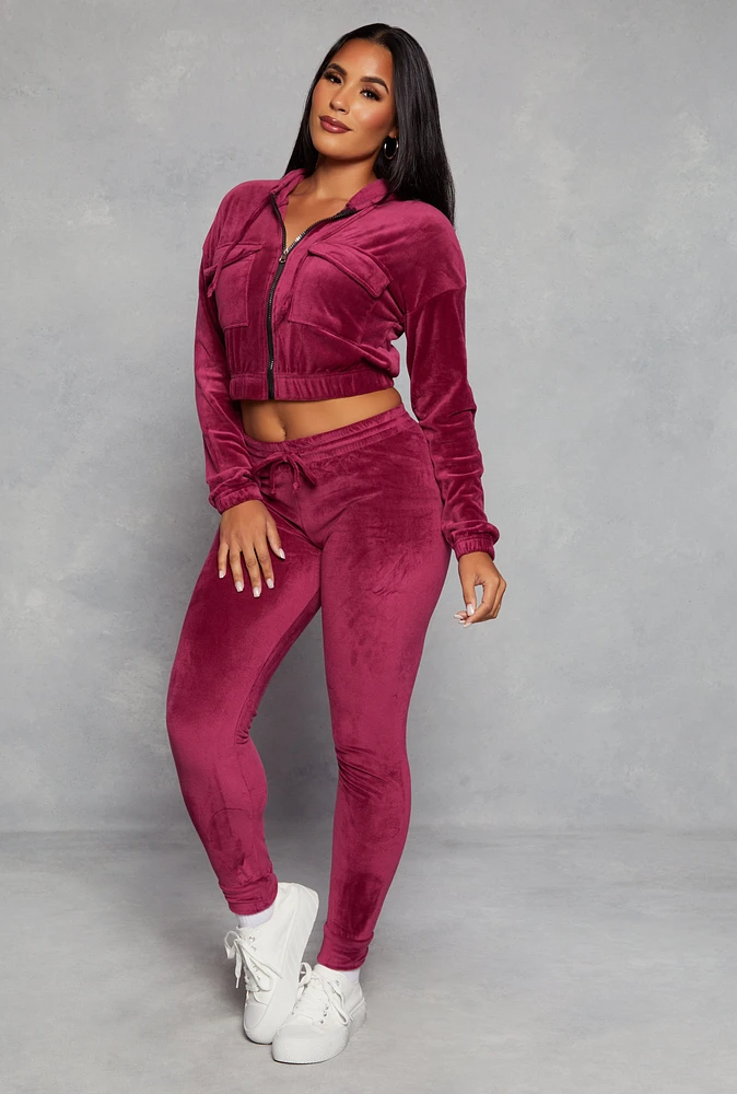 Womens Solid Velour High Waist Drawstring Joggers, Burgundy, Size M