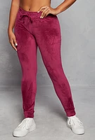 Womens Solid Velour High Waist Drawstring Joggers, Burgundy, Size M