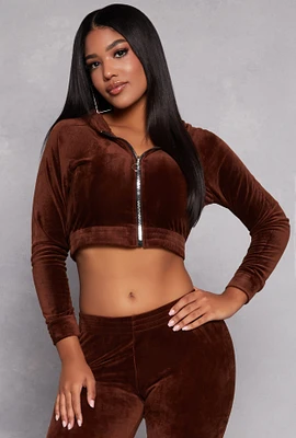 Womens Velour Cropped Zip Front Hoodie, Brown