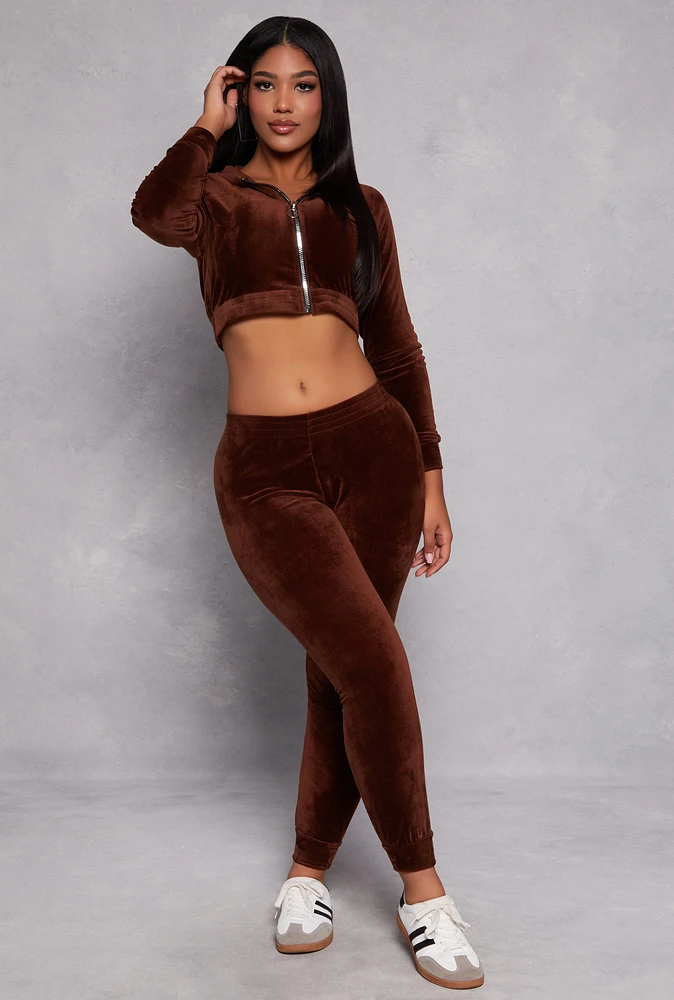 Womens Velour Cropped Zip Front Hoodie, Brown,