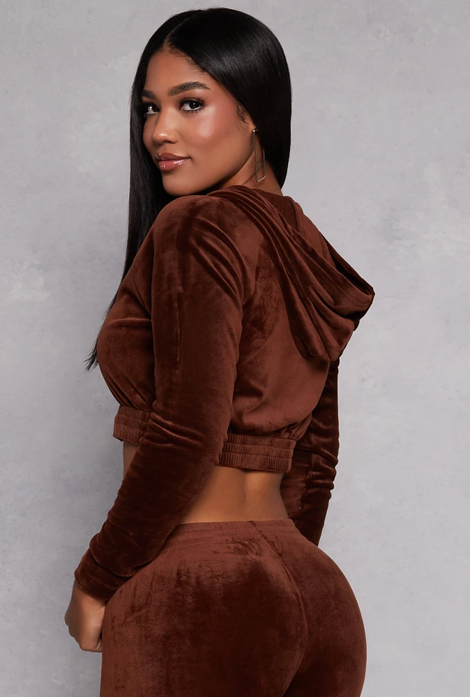 Womens Velour Cropped Zip Front Hoodie, Brown,