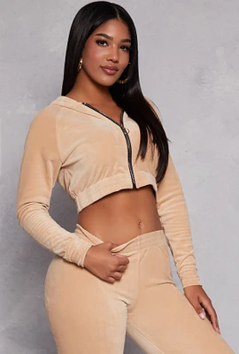 Womens Velour Cropped Zip Front Hoodie, Beige,