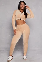 Womens Velour Cropped Zip Front Hoodie, Beige,