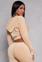 Womens Velour Cropped Zip Front Hoodie, Beige,