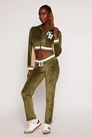 Womens NY Chenille Patch Zip Cropped Sweatshirt, Green, Size M