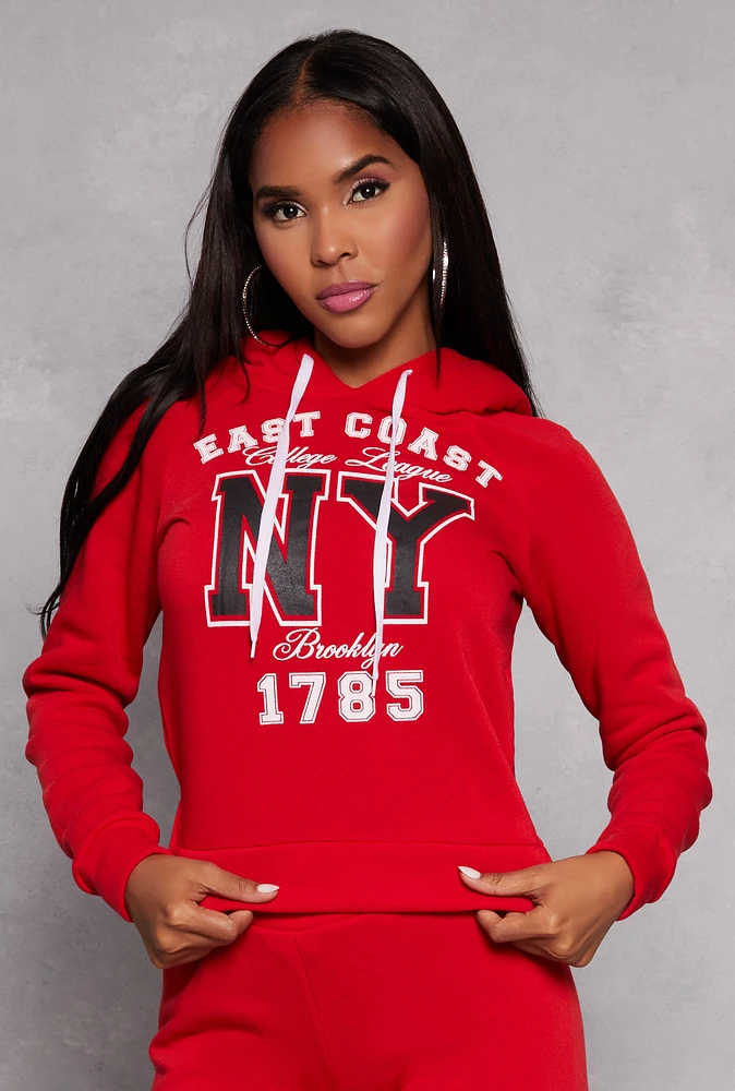 Womens East Coast NY Graphic Pullover Hoodie, Red, Size M