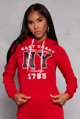 Womens East Coast NY Graphic Pullover Hoodie, Red, Size M