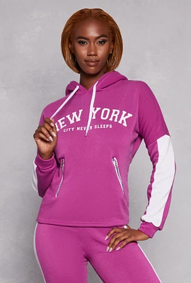 Womens New York Sherpa Lined Pullover Hoodie, Purple, Size S