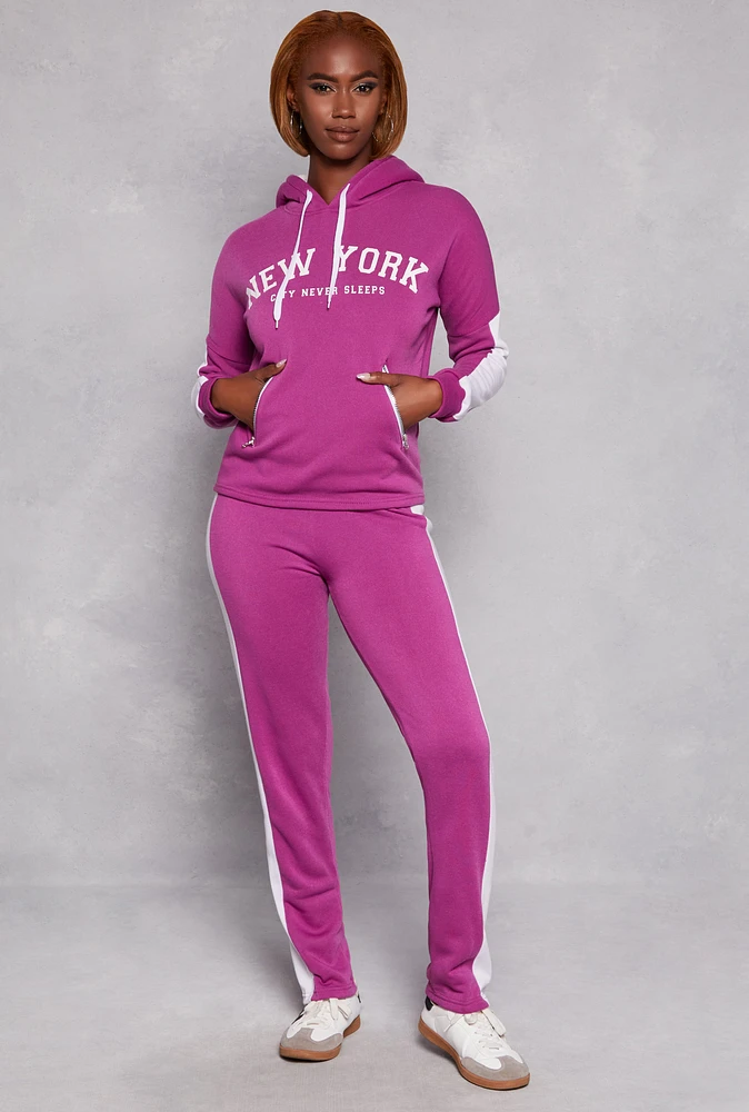 Womens New York Sherpa Lined Pullover Hoodie, Purple, Size S