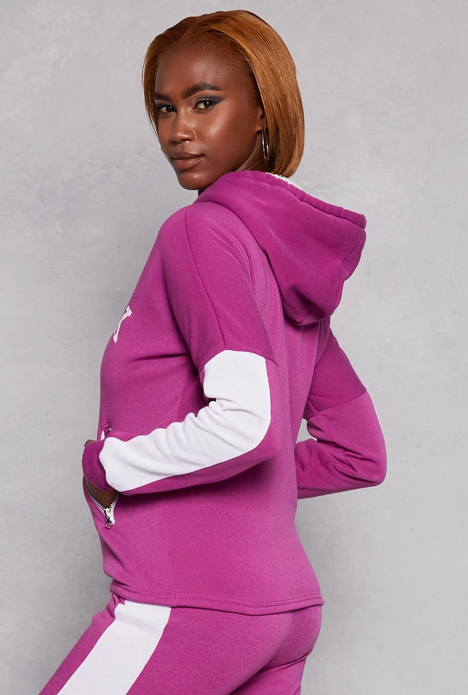 Womens New York Sherpa Lined Pullover Hoodie, Purple, Size S