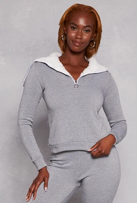 Womens Sherpa Lined Collar Half Zip Sweatshirt, Grey, Size S
