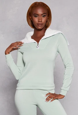 Womens Sherpa Lined Collar Half Zip Sweatshirt, Green, Size L
