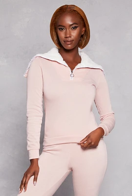 Womens Sherpa Lined Collar Half Zip Sweatshirt, Pink, Size S