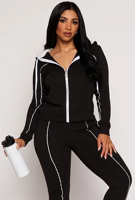 Womens Contrast Piping Zip Sherpa Hooded Sweatshirt,