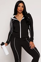 Womens Contrast Piping Zip Sherpa Hooded Sweatshirt,