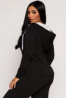 Womens Contrast Piping Zip Sherpa Hooded Sweatshirt,