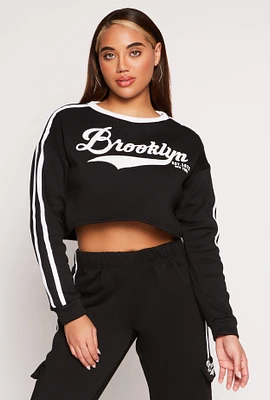 Womens Brooklyn Varsity Stripe Cropped Sweatshirt, Black, Size L