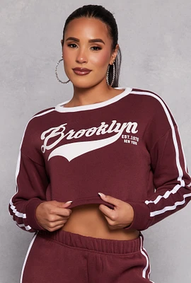 Womens Brooklyn Varsity Stripe Cropped Sweatshirt, Burgundy, Size XL