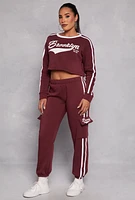 Womens Brooklyn Varsity Stripe Cropped Sweatshirt, Burgundy, Size XL