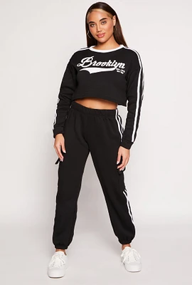 Womens Brooklyn Varsity Stripe Cargo Sweatpants, Black, Size L