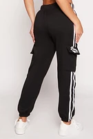 Womens Brooklyn Varsity Stripe Cargo Sweatpants, Black, Size L