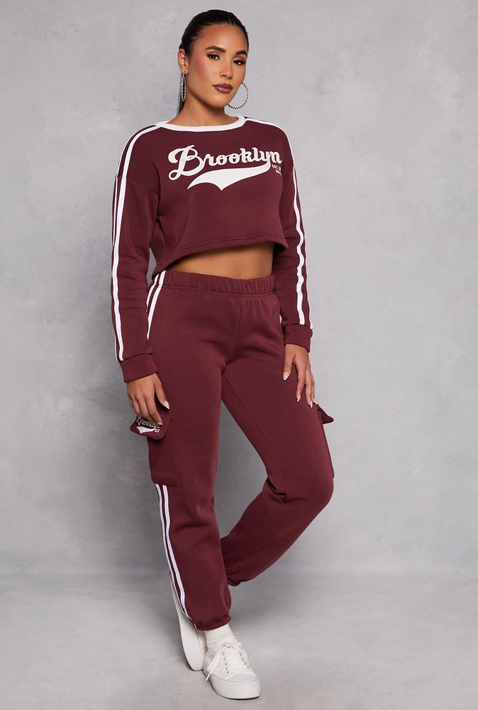 Womens Brooklyn Varsity Stripe Cargo Sweatpants, Burgundy, Size L