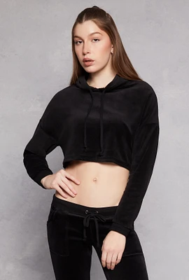 Womens Velour Pullover Cropped Hoodie,