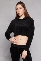 Womens Velour Pullover Cropped Hoodie, Black, Size M