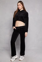Womens Velour Pullover Cropped Hoodie, Black, Size M