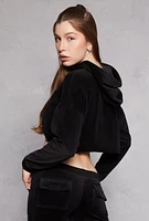 Womens Velour Pullover Cropped Hoodie, Black, Size M