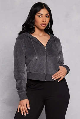 Womens Velour Basic Zip Front Hoodie, Grey,