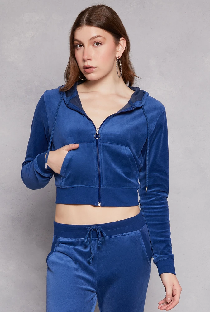 Womens Velour Basic Zip Front Hoodie,