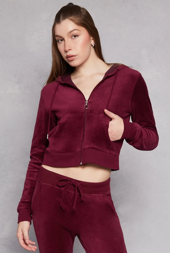 Womens Velour Basic Zip Front Hoodie, Burgundy, Size S