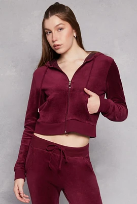 Womens Velour Basic Zip Front Hoodie, Burgundy, Size S