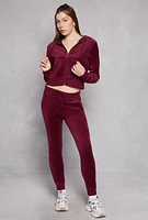 Womens Velour Basic Zip Front Hoodie, Burgundy, Size S