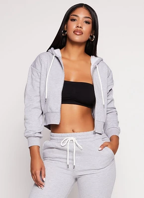 Womens Zip Front Cropped Hooded Sweatshirt, Grey, Size S