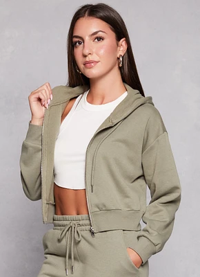 Womens Zip Front Cropped Hooded Sweatshirt, Green, Size M
