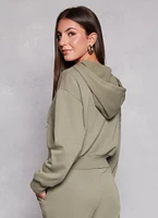 Womens Zip Front Cropped Hooded Sweatshirt, Green, Size M