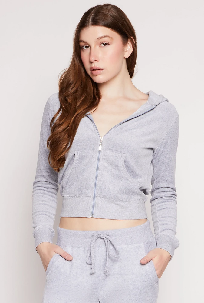 Womens Velour Hooded Zip Front Sweatshirt, Grey, Size L