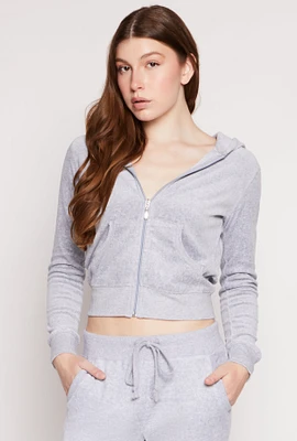 Womens Velour Hooded Zip Front Sweatshirt, Grey, Size L