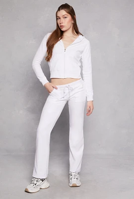 Womens Velour Straight Leg Pocket Pants, White,