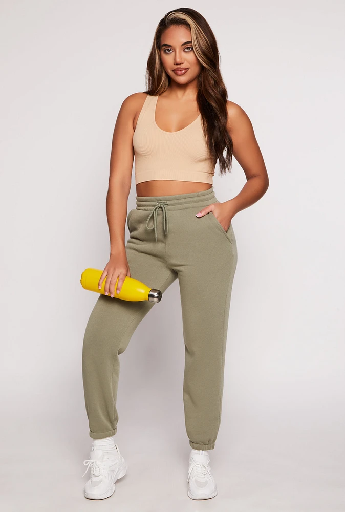 Womens Fleece Drawstring High Waist Joggers, Green, Size S