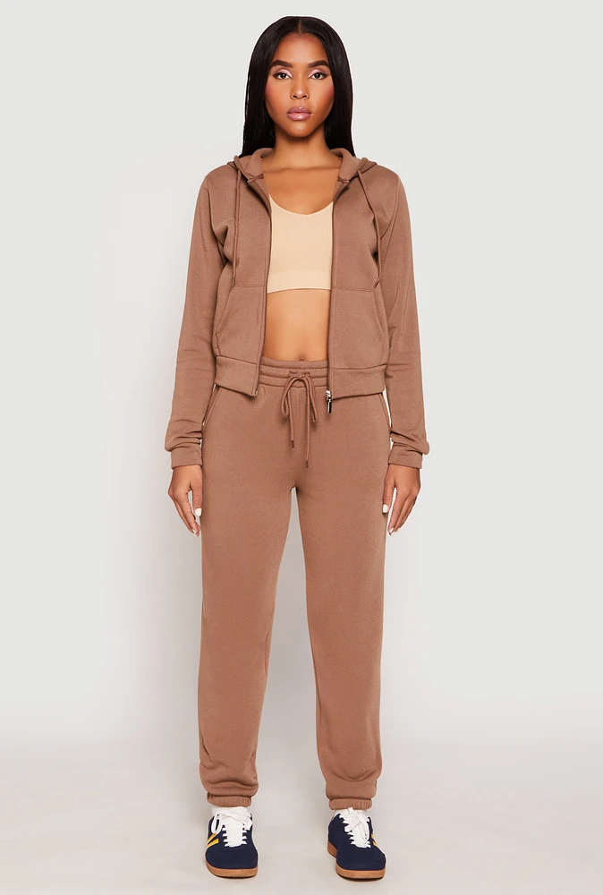 Womens Fleece Drawstring High Waist Joggers, Brown, Size S
