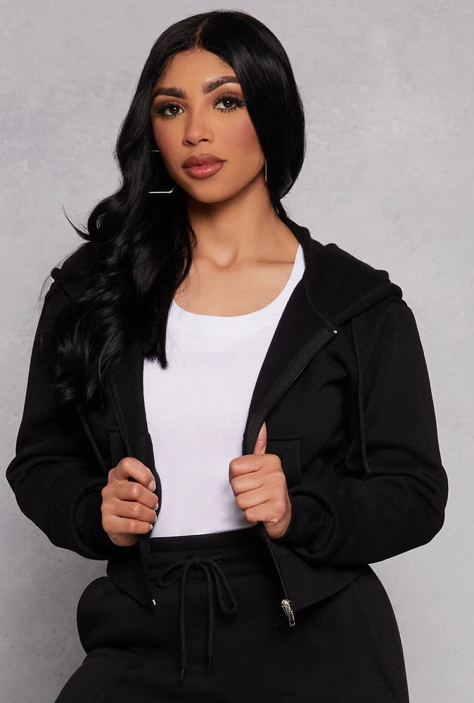 Womens Fleece Zip Front Cropped Hoodie, S