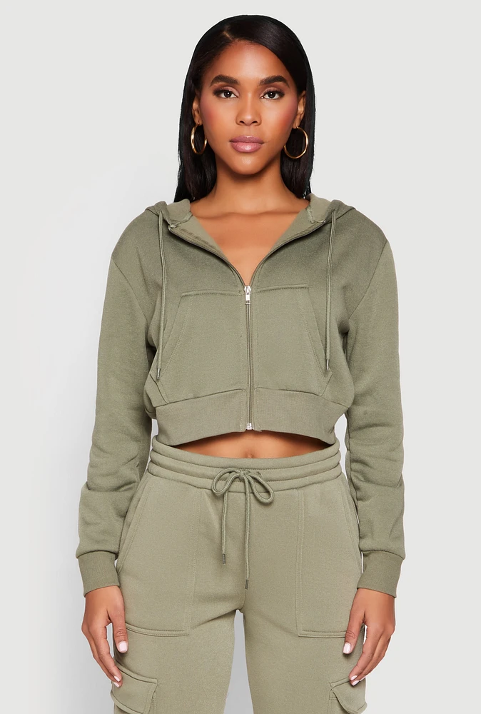 Womens Fleece Zip Front Cropped Hoodie,