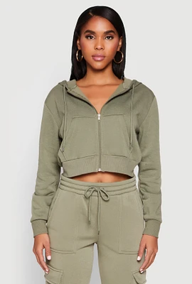 Womens Fleece Zip Front Cropped Hoodie,