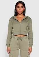 Womens Fleece Zip Front Cropped Hoodie,