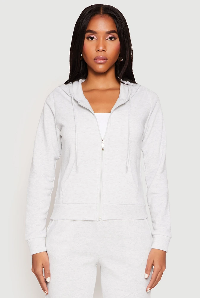 Womens Fleece Zip Front Long Sleeve Hoodie, Grey, Size M