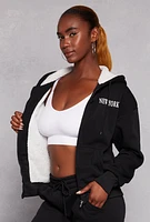 Womens City Graphic Sherpa Lined Zip Front Hoodie, Black, Size M