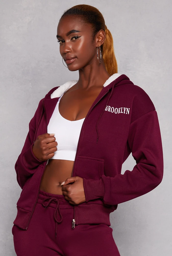 Womens City Graphic Sherpa Lined Zip Front Hoodie, Burgundy, Size M